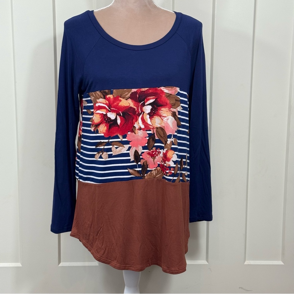 Floral Striped Color block Long Sleeve Top‎